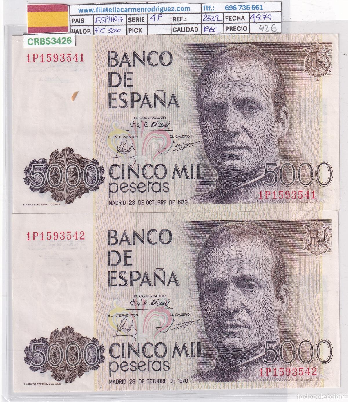 Billetes espa&ntilde;oles: CRBS3426 PAREJA CORRELATIVA BILLETES ESPA&Ntilde;A 5000 PESETAS 1979 SERIE 1P EBC