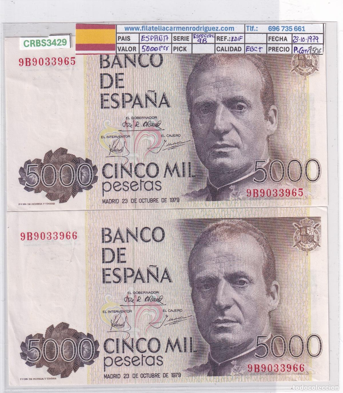 Billetes espa&ntilde;oles: CRBS3429 PAREJA CORRELATIVA BILLETES ESPA&Ntilde;A 5000 PESETAS 1979 SERIE 9B EBC+