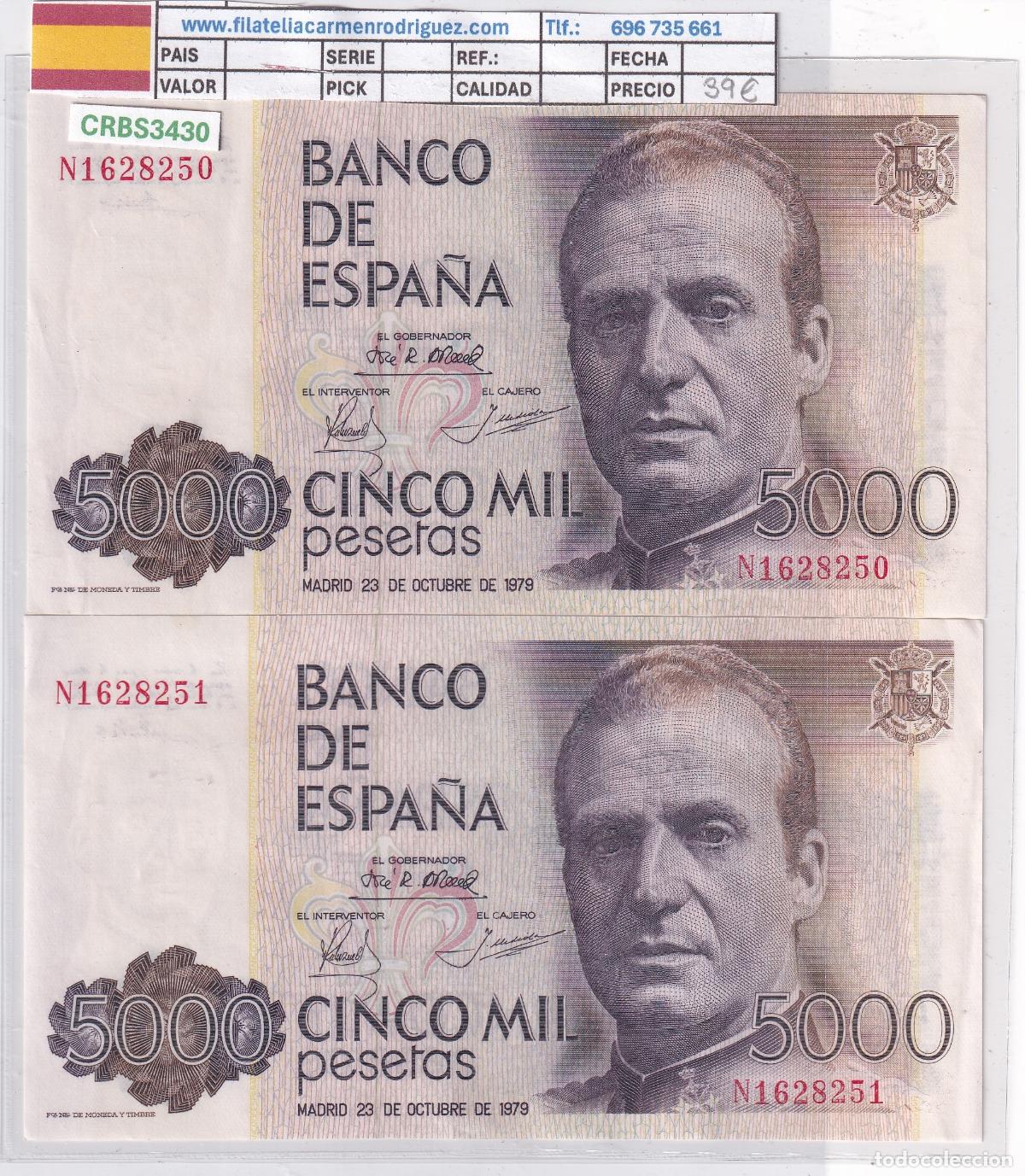 Billetes espa&ntilde;oles: CRBS3430 PAREJA CORRELATIVA BILLETES ESPA&Ntilde;A 5000 PESETAS 1979 SERIE N1 EBC-