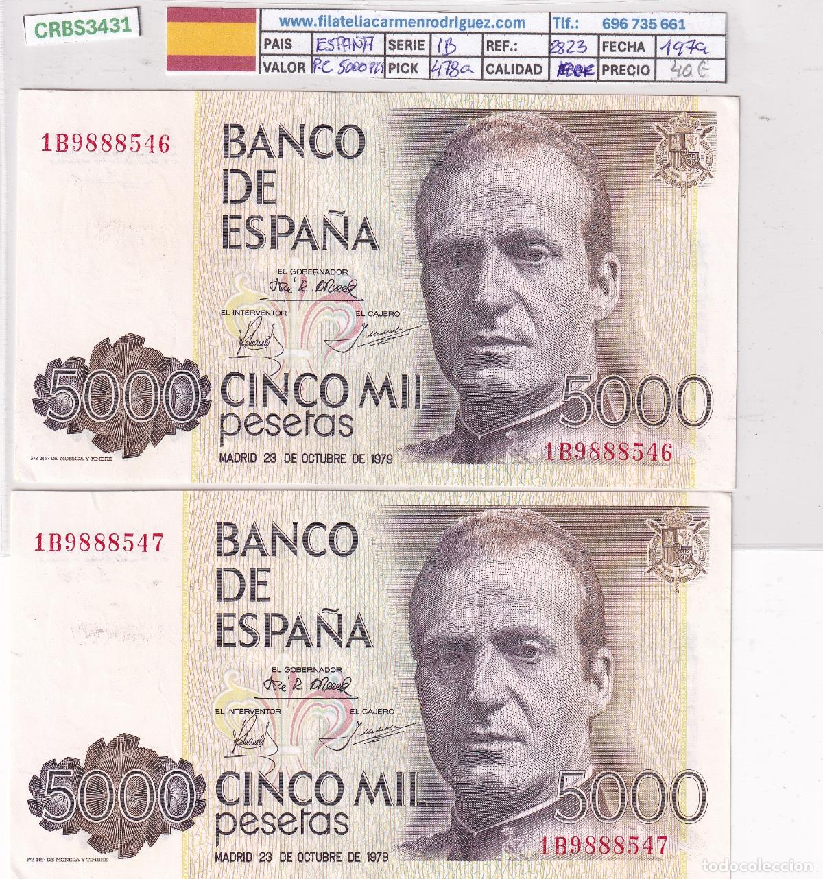 Billetes espa&ntilde;oles: CRBS3431 PAREJA CORRELATIVA BILLETES ESPA&Ntilde;A 5000 PESETAS 1979 SERIE 1B EBC-