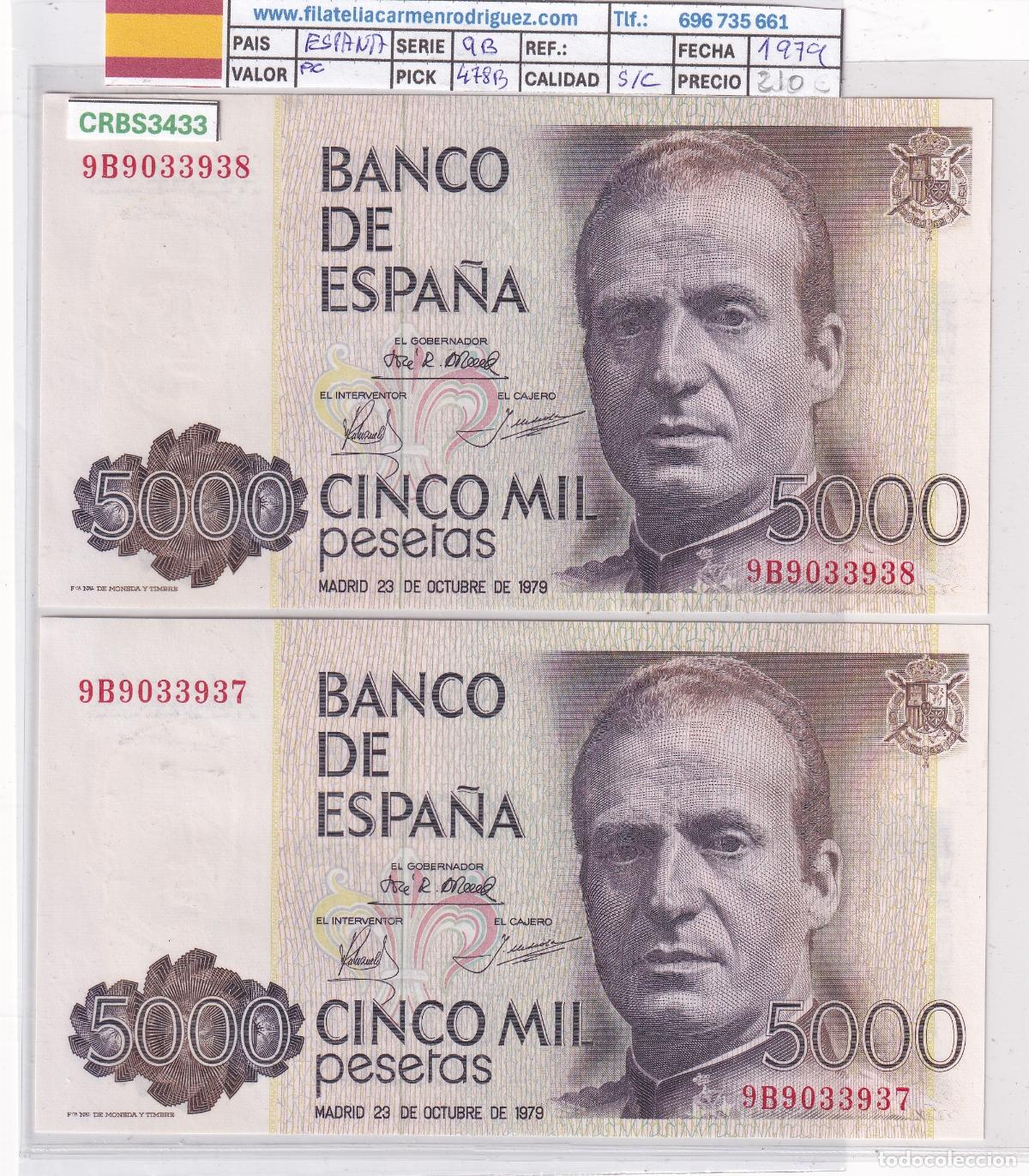 Billetes espa&ntilde;oles: CRBS3433 PAREJA CORRELATIVA BILLETES ESPA&Ntilde;A 5000 PESETAS 1979 SERIE 9B SIN CIRCULAR