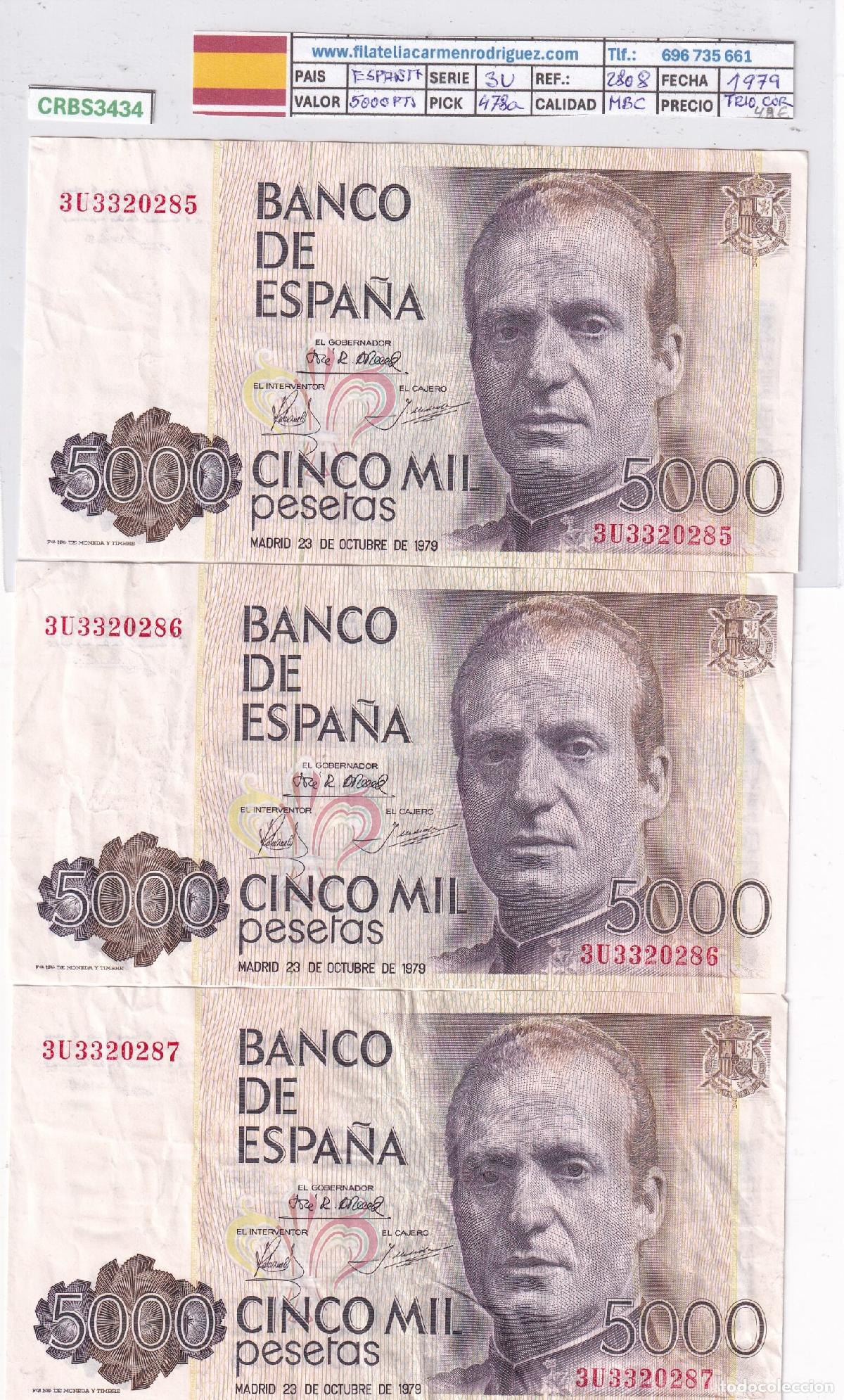 Billetes espa&ntilde;oles: CRBS3434 TRIO CORRELATIVO BILLETES ESPA&Ntilde;A 5000 PESETAS 1979 SERIE 3U MBC