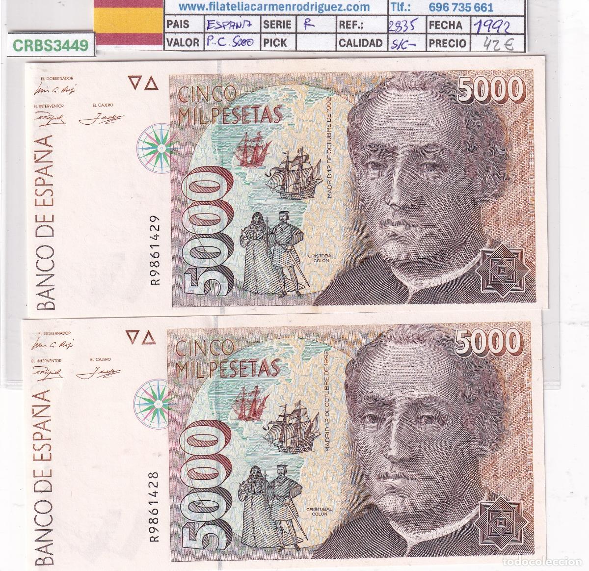 Billetes espa&ntilde;oles: CRBS3449 PAREJA CORRELATIVA BILLETES ESPA&Ntilde;A 5000 PESETAS 1992 SERIE R S/C-