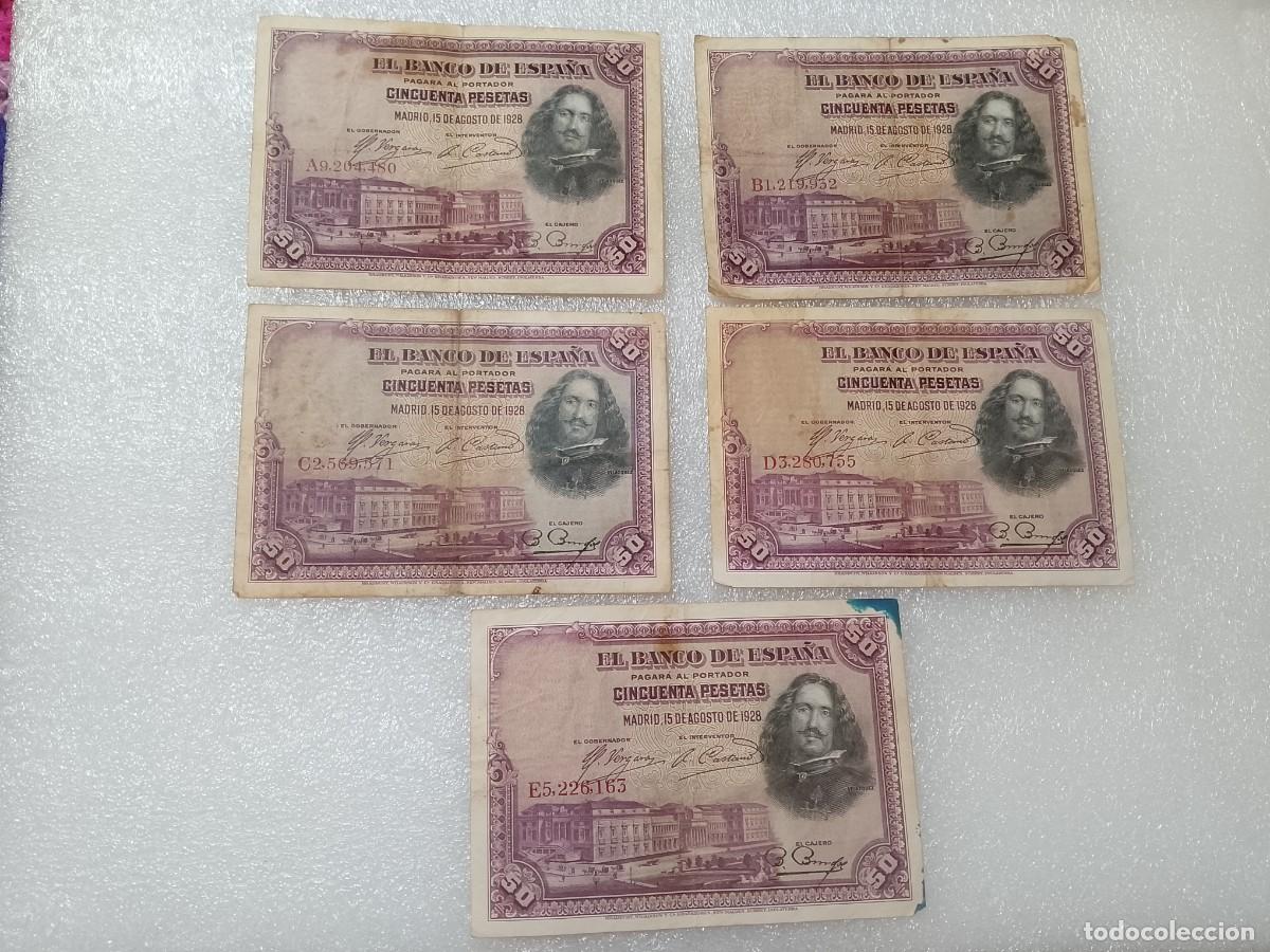 Billetes espa&ntilde;oles: Lote 50 pesetas 1928, serie A,B,C,D y E, todas las letras