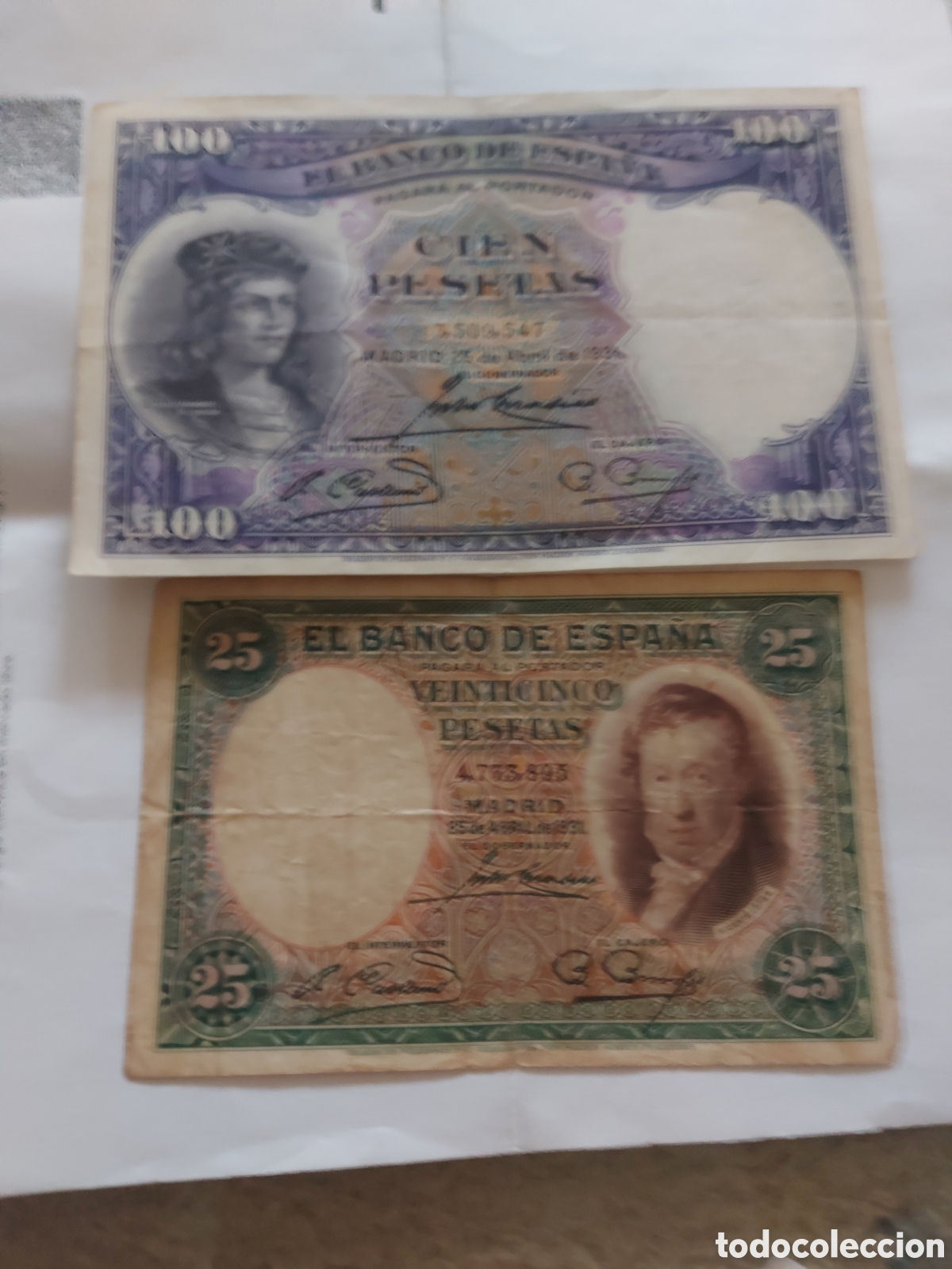Billetes espa&ntilde;oles: 2 billetes de 100 y25 pta - Foto 1