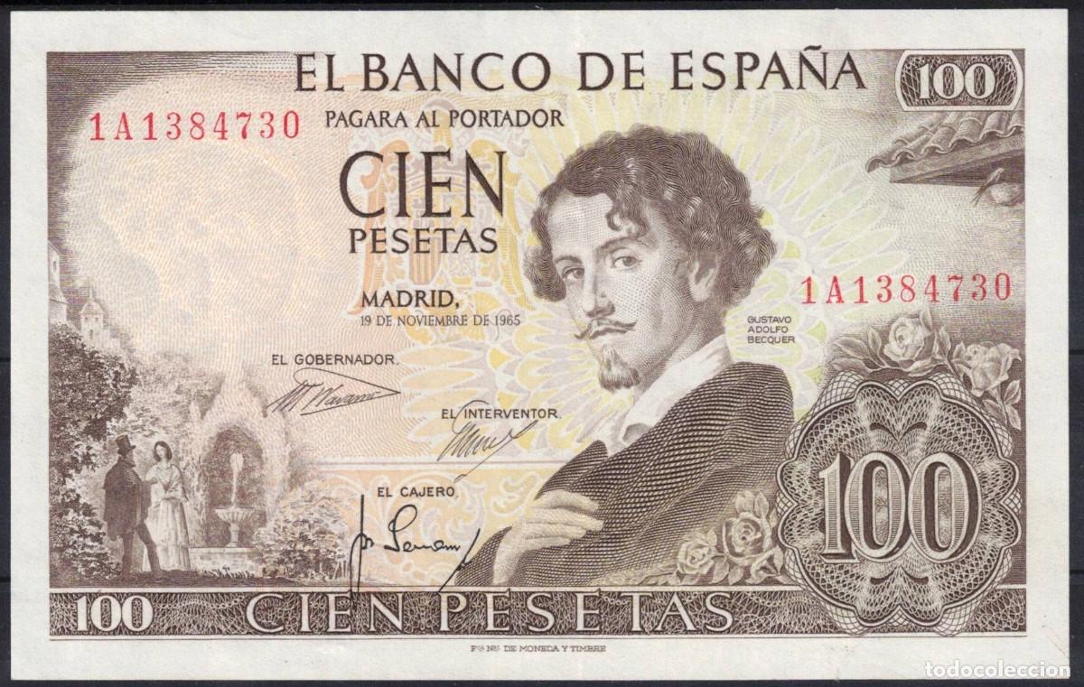 Billetes espa&ntilde;oles: ESPA&Ntilde;A BILLETE 100 PESETAS 1965 GUSTAVO ADOLFO BECQUER - SERIE 1A - EBC