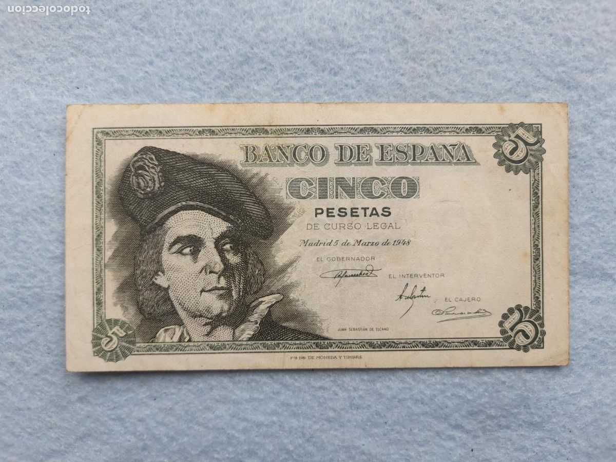 Billetes espa&ntilde;oles: Juan Sebasti&aacute;n de Elcano. 5 Pesetas. Madrid, 5 de Marzo de 1948.