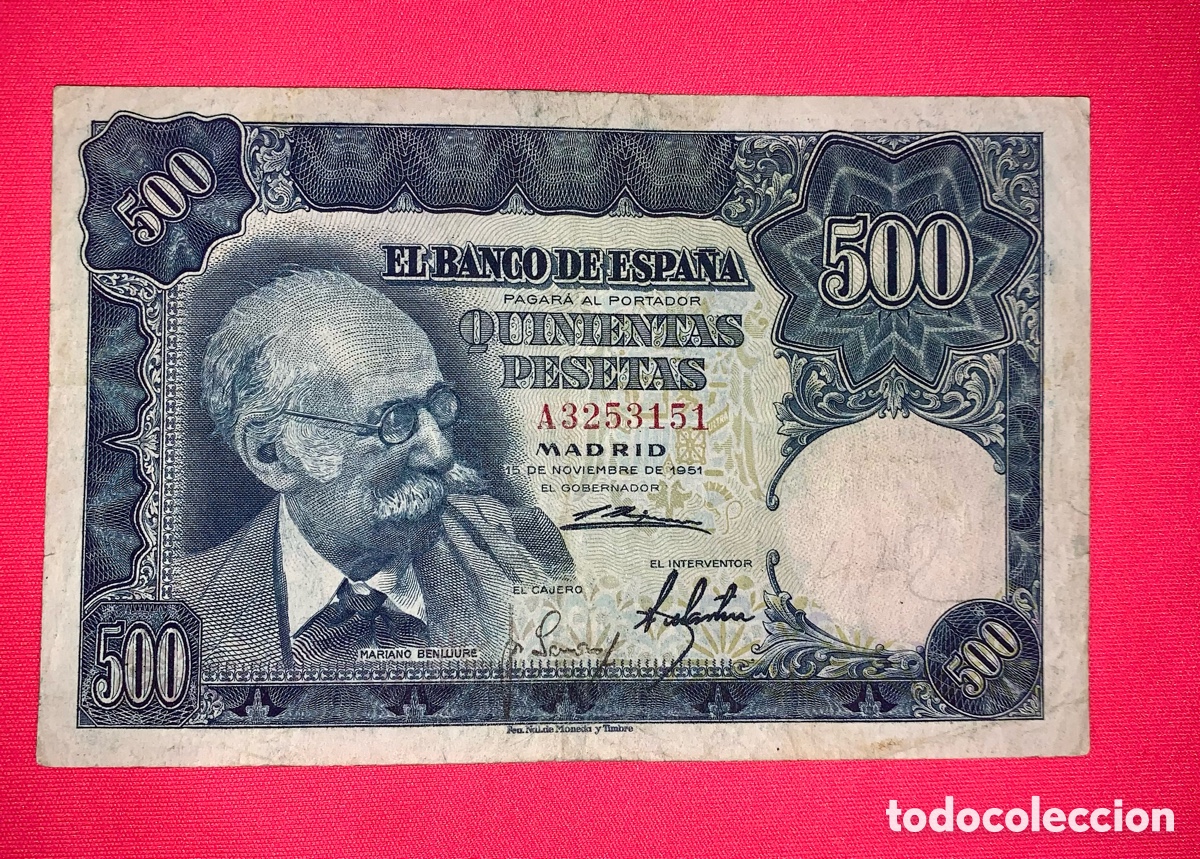 Banconote spagnole: Billete de 500 Pts de 1951. Serie A. Hago precio por lotes. Agrupo lotes en un env&iacute;o.