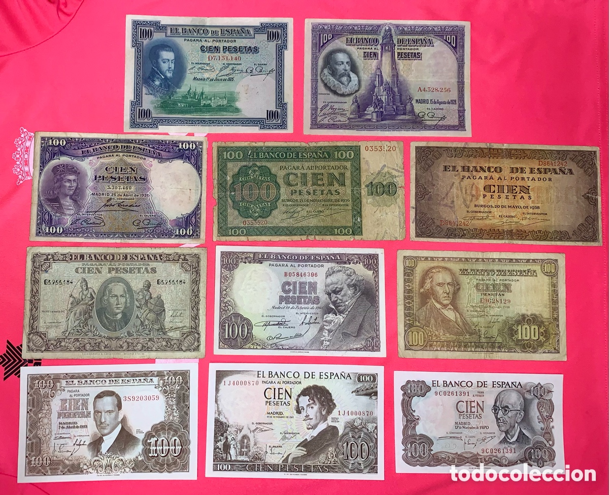 Billetes espa&ntilde;oles: 11 billetes de 100 Pesetas del Banco de Espa&ntilde;a. Desde 1925 hasta 1970.