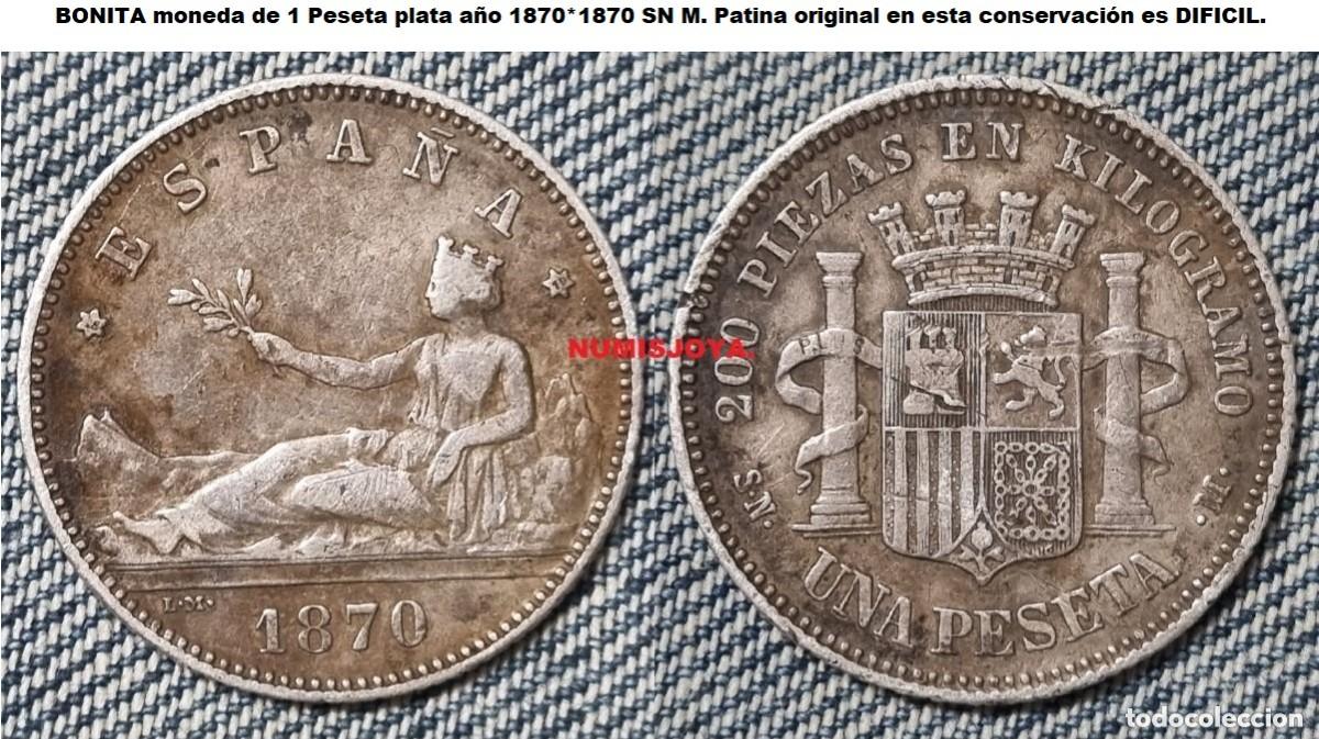 Notas espanholas: 1 Peseta plata a&ntilde;o 1870*1870 SN M. Leyenda ESPA&Ntilde;A. Peso 4,92 gr. MBC/MBC+. BONITA MONEDA CON P&Aacute;TINA