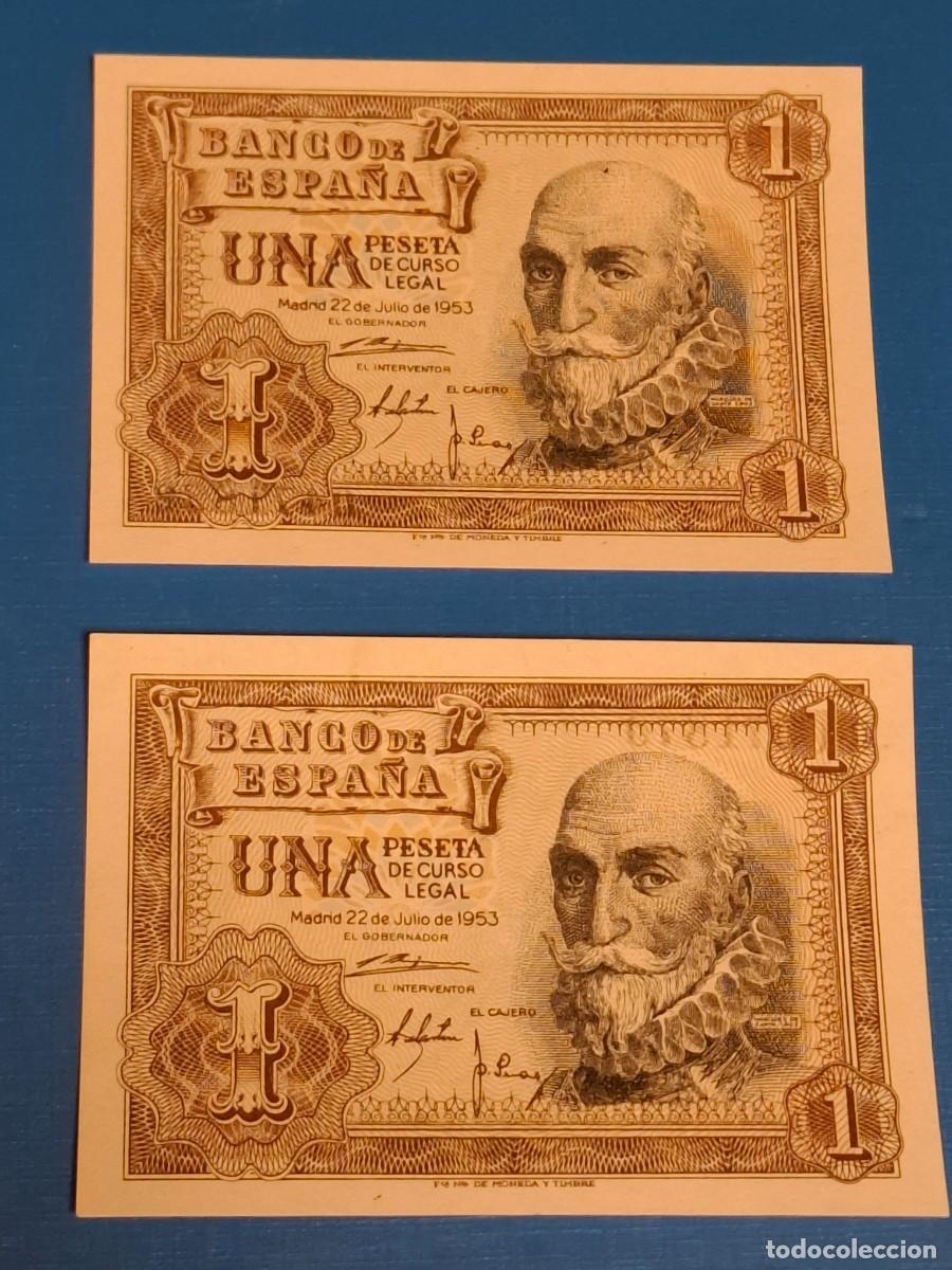 Billetes espa&ntilde;oles: 1 PESETA DE 1953 PAREJA CORRELATIVA SIN SERIE-869/870 PLANCHA