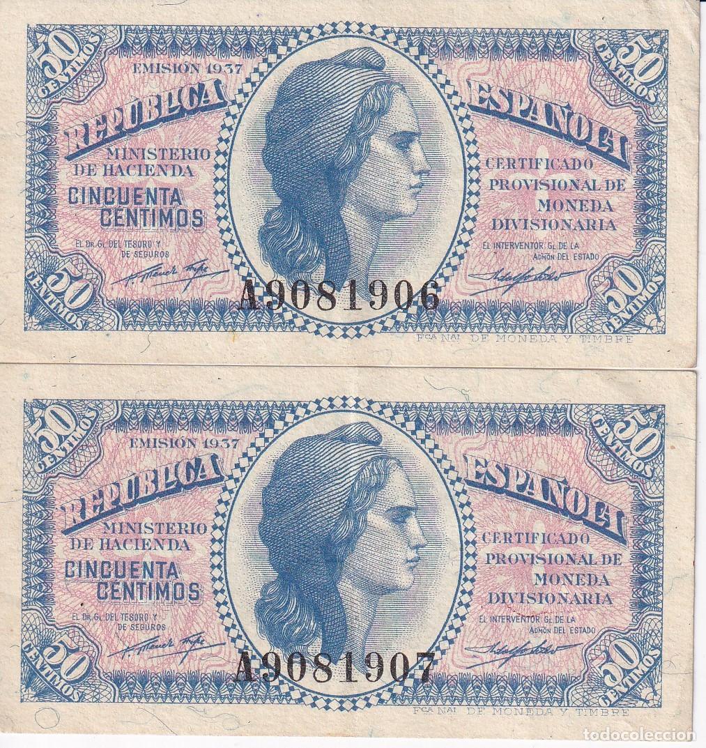 Billetes espa&ntilde;oles: PAREJA CORRELATIVA DE 50 C&Eacute;NTIMOS DEL A&Ntilde;O 1937 SERIE A CALIDAD EBC - REPUBLICA ESPA&Ntilde;OLA