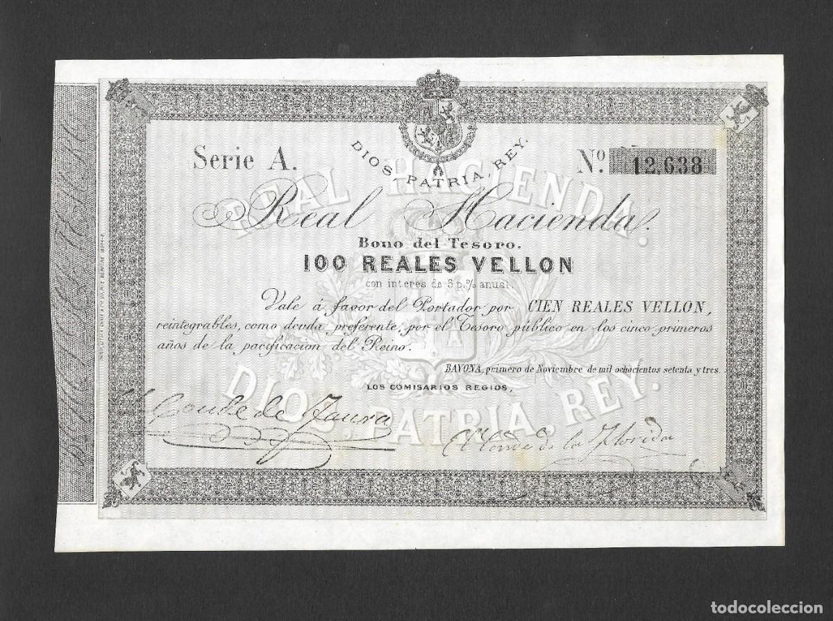 Billetes espa&ntilde;oles: 100 REALES VELLON 1872 BAYONA SERIE A S/C-