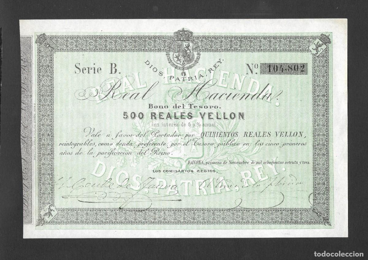 Billetes espa&ntilde;oles: 500 REALES VELLON 1872 BAYONA SERIE B S/C-
