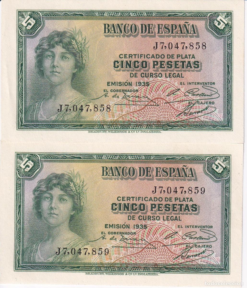 Billets espagnols: PAREJA CORRELATIVA DE 5 PTAS DEL A&Ntilde;O 1935 SERIE J SIN CIRCULAR (SC) (CERTIFICADO DE PLATA)