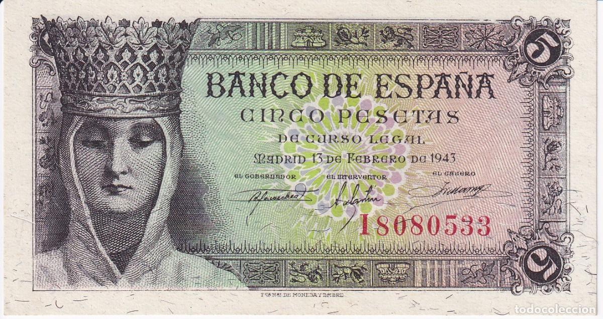 Notas espanholas: BILLETE DE ESPA&Ntilde;A DE 5 PESETAS DEL A&Ntilde;O 1943 DE ISABEL LA CATOLICA SERIE I SIN CIRCULAR (SC)
