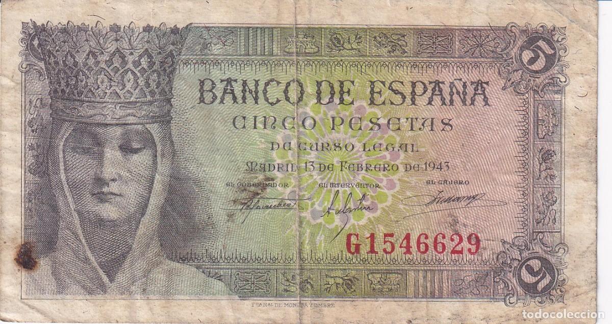 Billets espagnols: BILLETE DE ESPA&Ntilde;A DE 5 PESETAS DEL A&Ntilde;O 1943 DE ISABEL LA CATOLICA SERIE G