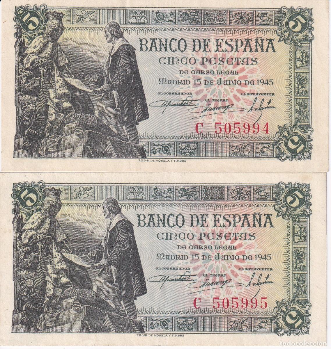 Billets espagnols: PAREJA CORRELATIVA DE 5 PESETAS DEL A&Ntilde;O 1945 SERIE C EN CALIDAD EBC