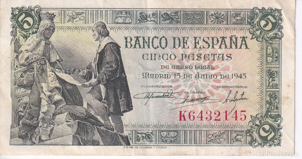 Billetes espa&ntilde;oles: BILLETE DE 5 PESETAS DEL A&Ntilde;O 1945 DE ISABEL LA CATOLICA Y CRISTOBAL COLON SERIE K EN BUENA CALIDAD