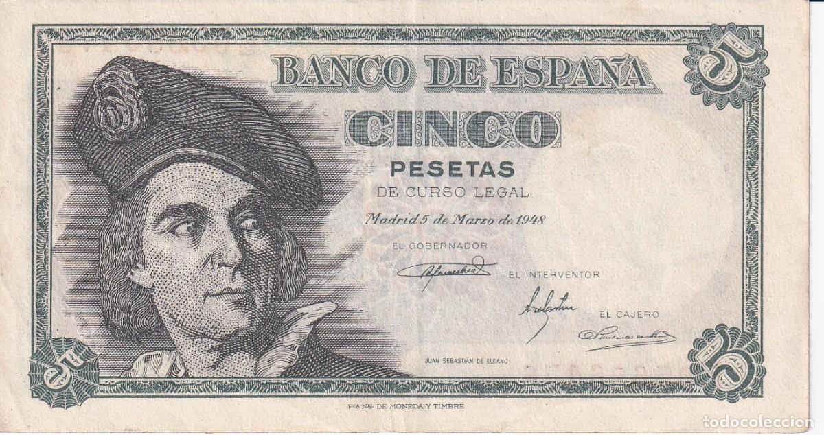Billets espagnols: BILLETE DE 5 PESETAS DEL A&Ntilde;O 1948 DE ELCANO SERIE L EN CALIDAD EBC