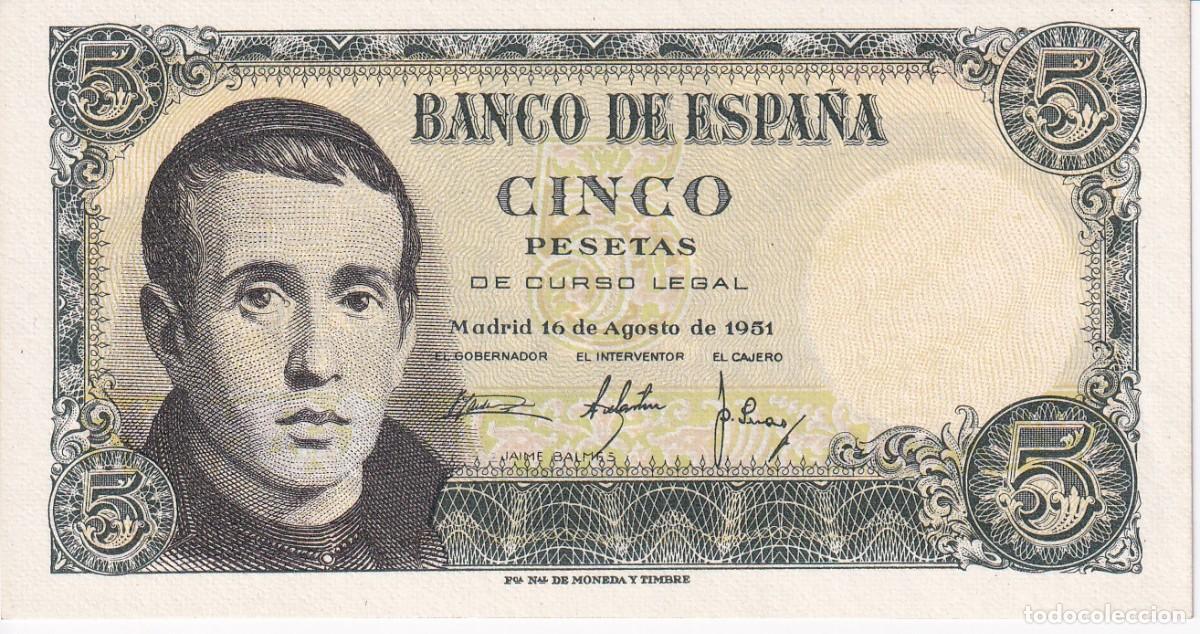Billets espagnols: BILLETE DE 5 PESETAS DEL 16/08/1951 DE JAUME BALMES SERIE V SIN CIRCULAR (SC)