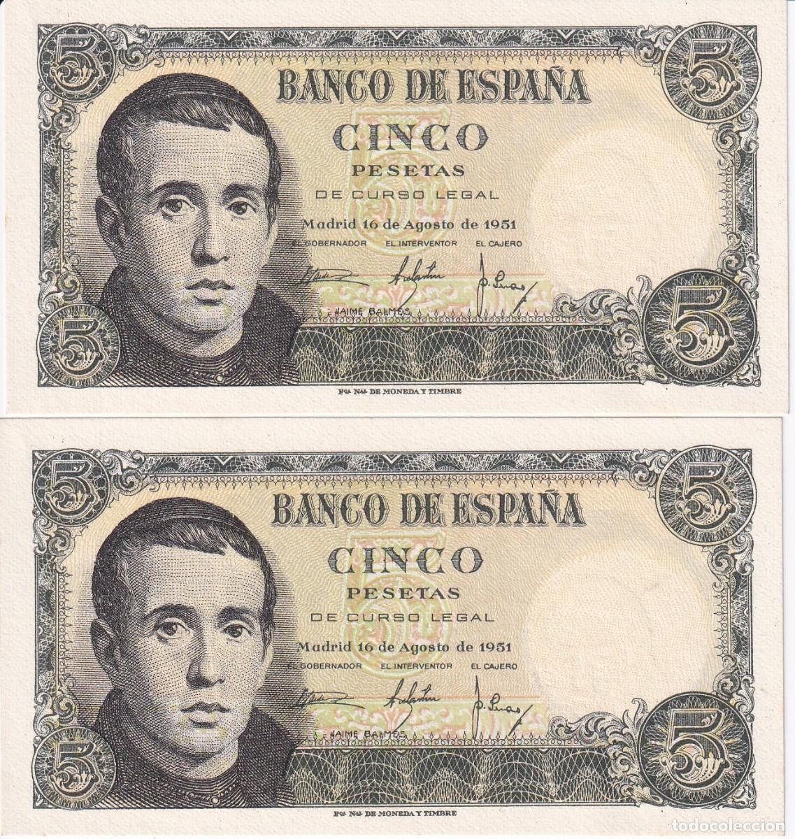 Billets espagnols: PAREJA CORRELATIVA DE 5 PESETAS DEL 16/08/1951 DE JAUME BALMES SERIE 1G SIN CIRCULAR (SC)