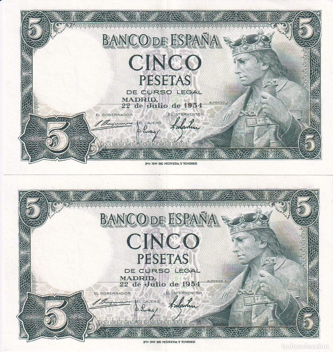 Billets espagnols: PAREJA CORRELATIVA DE 5 PESETAS DE ALFONSO X DEL A&Ntilde;O 1954 SERIE B EN CALIDAD EBC