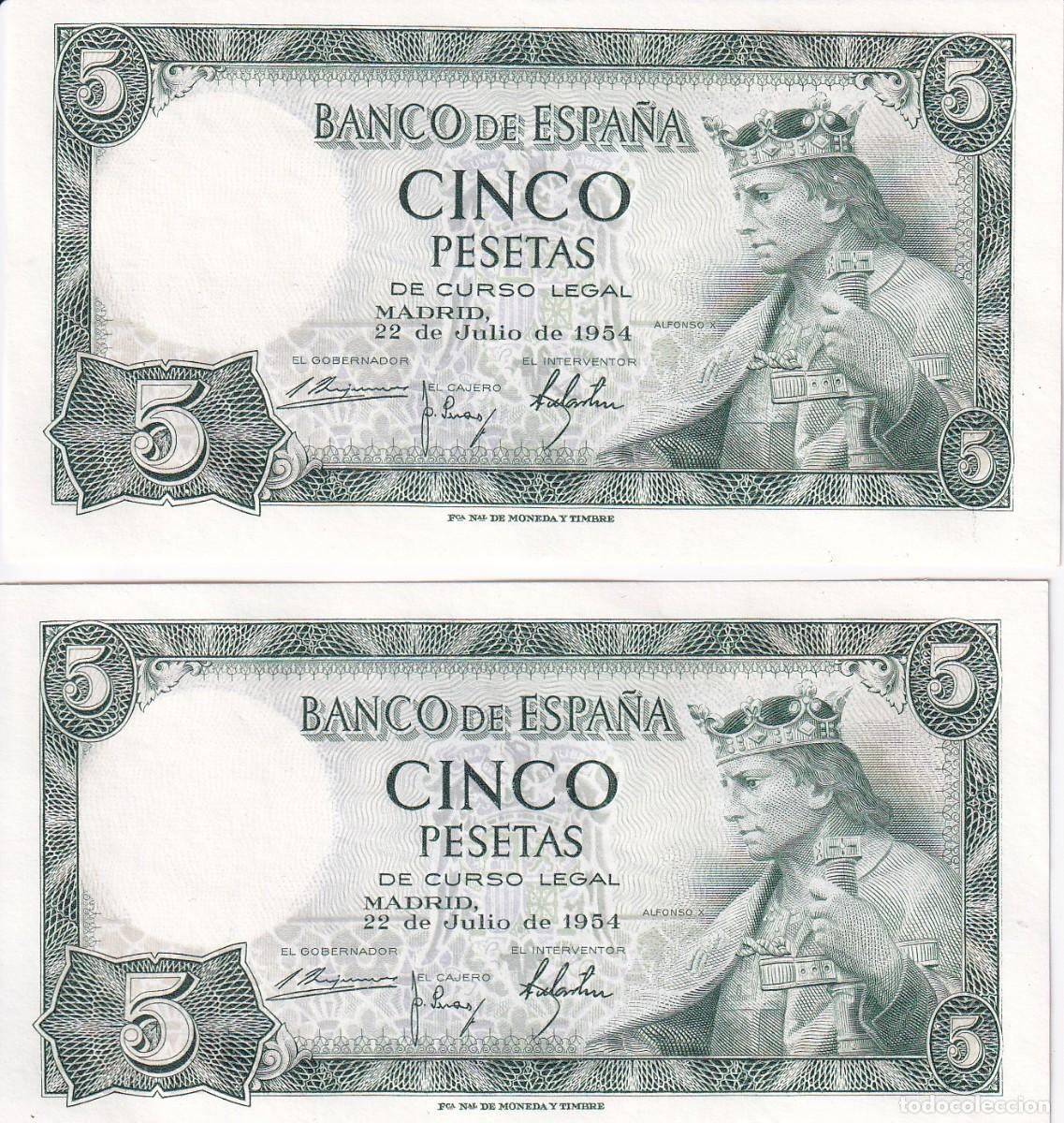 Billets espagnols: PAREJA CORRELATIVA DE 5 PESETAS DE ALFONSO X DEL A&Ntilde;O 1954 SERIE K SIN CIRCULAR (SC)