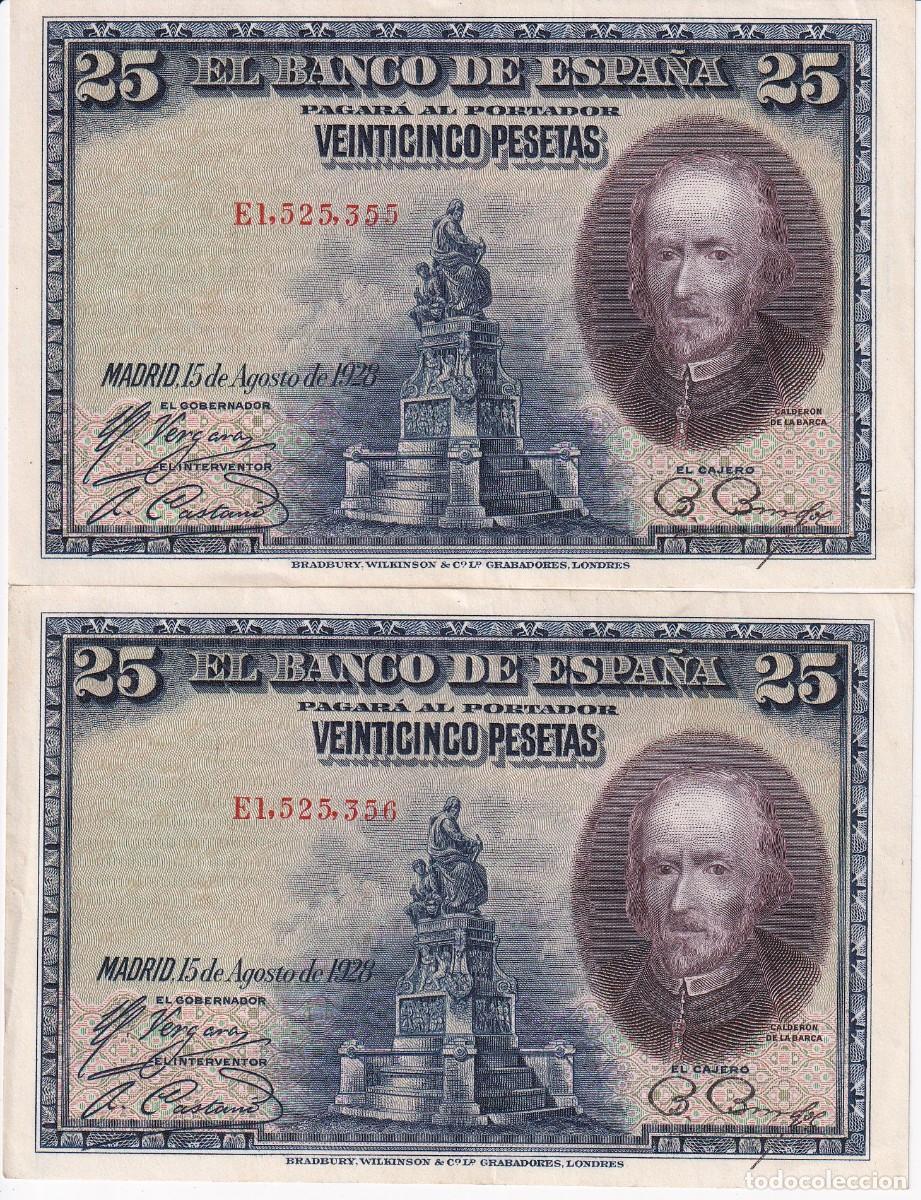 Billets espagnols: PAREJA CORRELATIVA DE 25 PESETAS DEL A&Ntilde;O 1928 DE LA SERIE E EN CALIDAD EBC