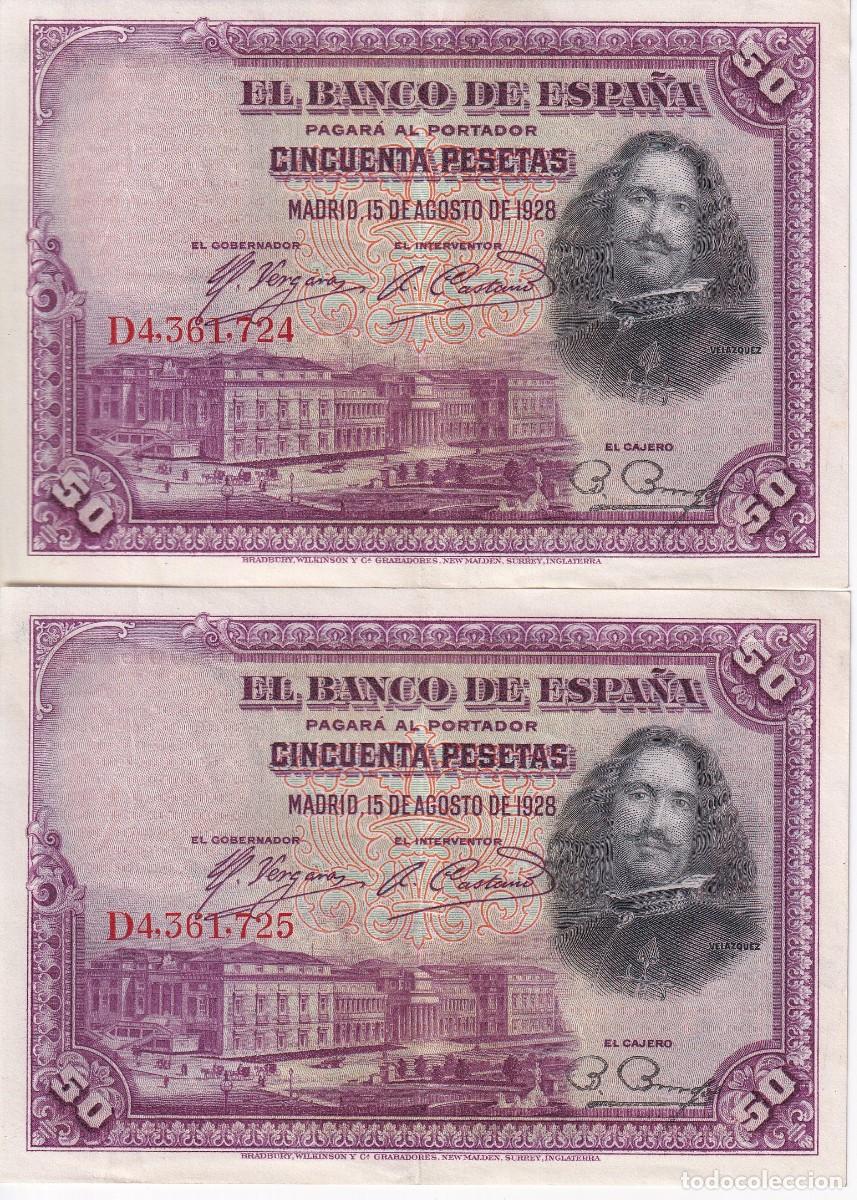 Spanish Banknotes: PAREJA CORRELATIVA DE 50 PESETAS DEL A&Ntilde;O 1928 DE LA SERIE D EN CALIDAD EBC
