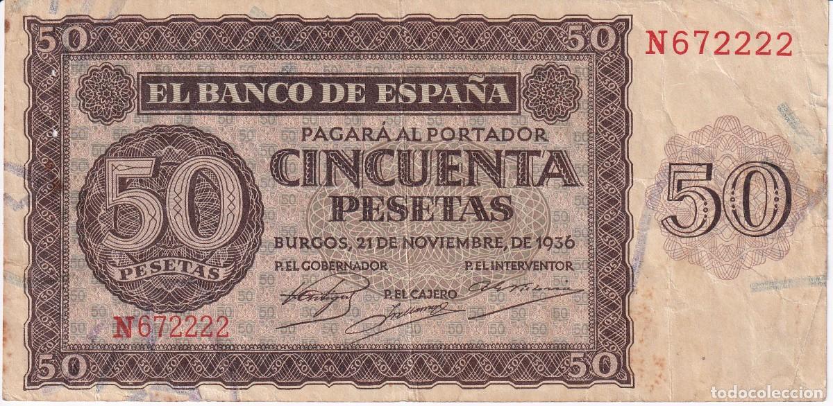 Billets espagnols: BILLETE DE BURGOS DE 50 PESETAS DEL A&Ntilde;O 1936 DE LA SERIE N