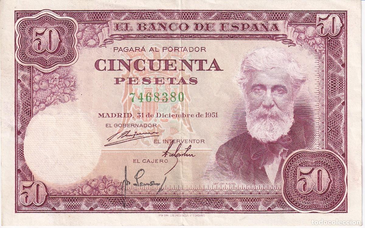 Billetes espa&ntilde;oles: BILLETE DE 50 PESETAS DEL A&Ntilde;O 1951 DE SANTIAGO RUSI&Ntilde;OL SIN SERIE