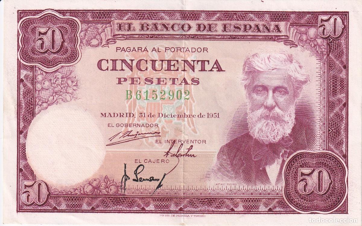 Billets espagnols: BILLETE DE 50 PESETAS DEL A&Ntilde;O 1951 DE SANTIAGO RUSI&Ntilde;OL SERIE B EN CALIDAD EBC