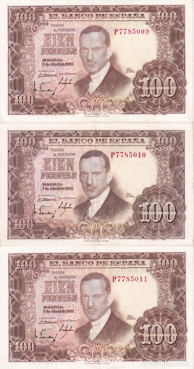 Spanish Banknotes: TRIO CORRELATIVO DE 100 PESETAS DEL A&Ntilde;O 1953 DE ROMERO DE TORRES SERIE P EN CALIDAD EBC