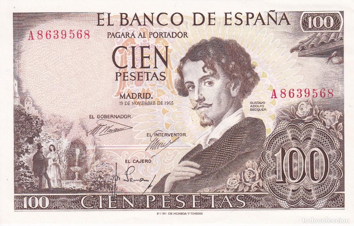 Notas espanholas: BILLETE DE 100 PESETAS DEL A&Ntilde;O 1965 SERIE A EN CALIDAD EBC (BECQUER)