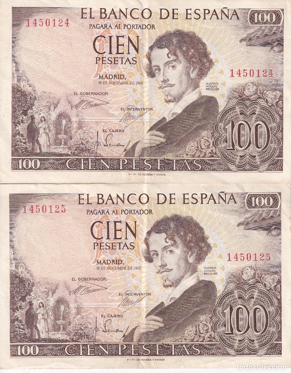 Notas espanholas: PAREJA CORRELATIVA DE 100 PESETAS DEL A&Ntilde;O 1965 SIN SERIE (BECQUER)