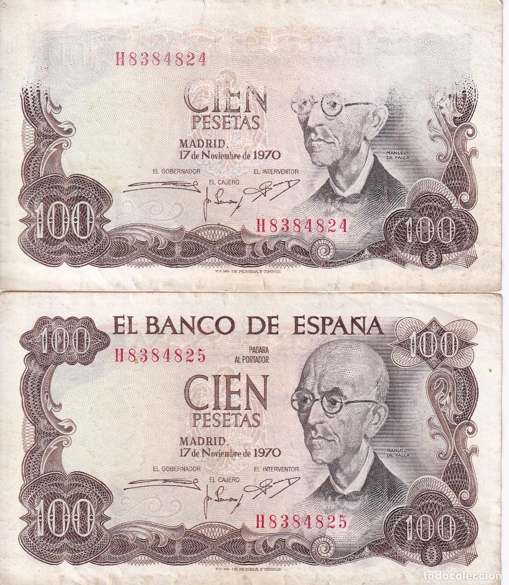 Billets espagnols: DEFECTO DE IMPRESION EN ANVERSO - PAREJA CORRELATIVA 100 PTAS 1970