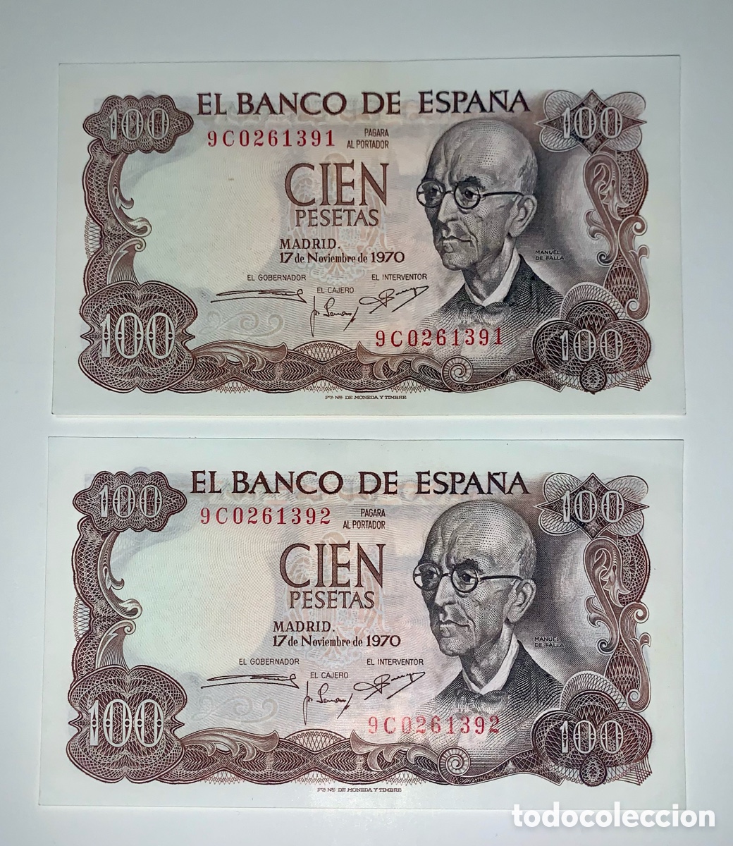 Billetes espa&ntilde;oles: Pareja de billetes de 100 pesetas de 1970. Serie 9C. Hago precio en lotes. Agrupo lotes en un env&iacute;o.