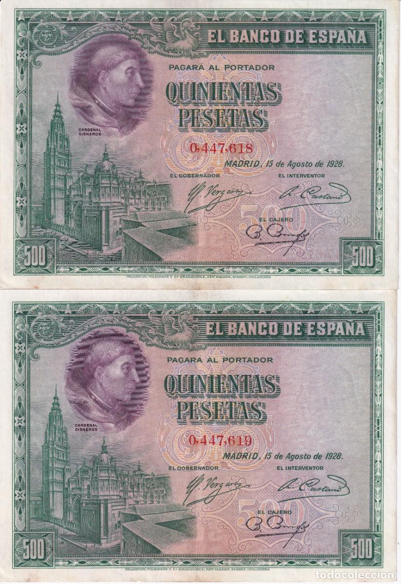 Billets espagnols: PAREJA CORRELATIVA DE 500 PESETAS DEL A&Ntilde;O 1928 DEL CARDENAL CISNEROS EN CALIDAD EBC