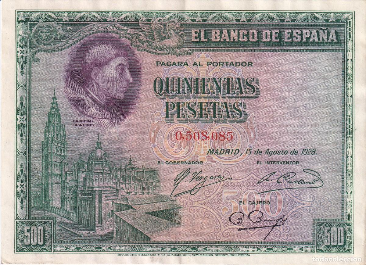 Billets espagnols: BILLETE DE ESPA&Ntilde;A DE 500 PTAS DEL A&Ntilde;O 1928 SIN SERIE DEL CARDENAL CISNEROS EN BUENA CONDICION
