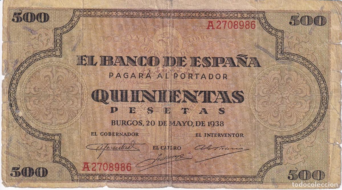 Billetes espa&ntilde;oles: BILLETE DE BURGOS DE 500 PESETAS DEL A&Ntilde;O 1938 SERIE A (DIFICIL)