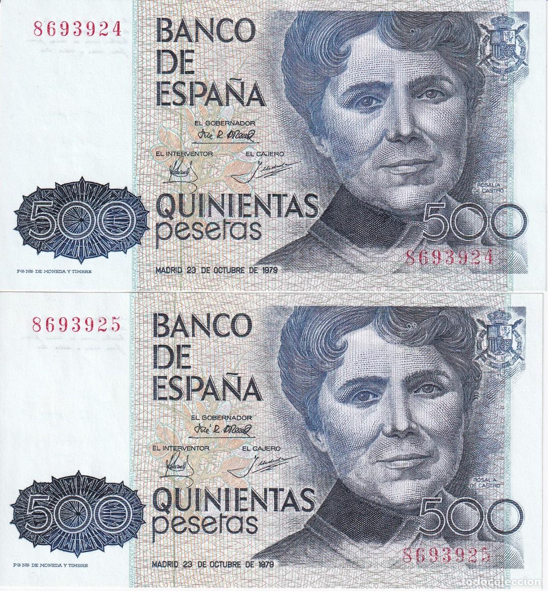 Notas espanholas: PAREJA CORRELATIVA DE 500 PESETAS DEL A&Ntilde;O 1979 DE ROSALIA DE CASTRO SIN SERIE, SIN CIRCULAR (SC)