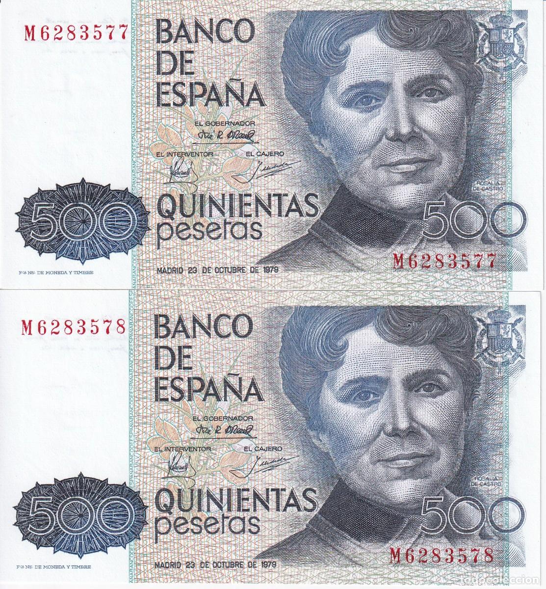 Notas espanholas: PAREJA CORRELATIVA DE 500 PESETAS DEL A&Ntilde;O 1979 SERIE M SIN CIRCULAR (SC) ROSALIA DE CASTRO