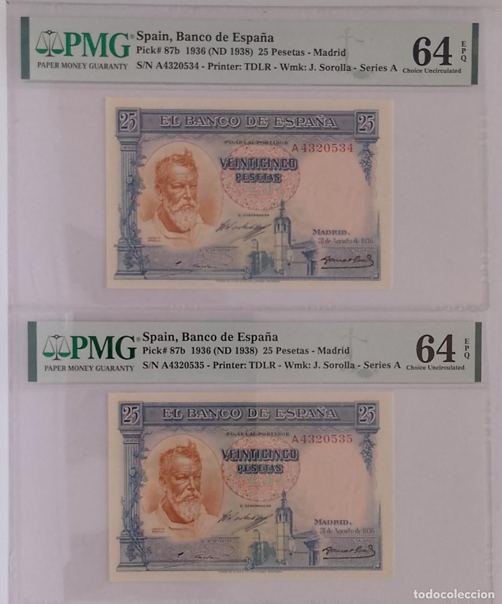 Billetes espa&ntilde;oles: PAREJA DE BILLETES DE 25 PESETAS 1936 SOROLLA GRADUADO PMG CON 63