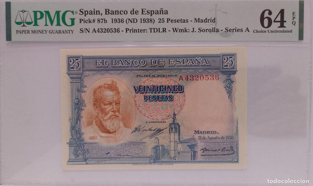 Billetes espa&ntilde;oles: BILLETE DE 25 PESETAS 1936 SOROLLA GRADUADO PMG CON 63