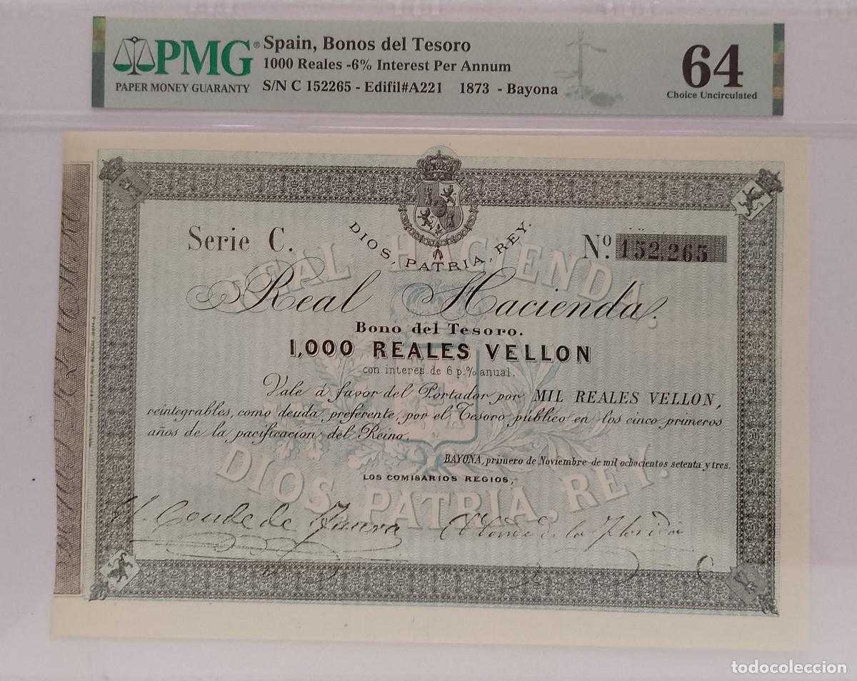 Billetes espa&ntilde;oles: BILLETE DE 1.000 REALES DE VELLON 1873 BAYONA GUERRACARLISTA GRADUADO PMG 64