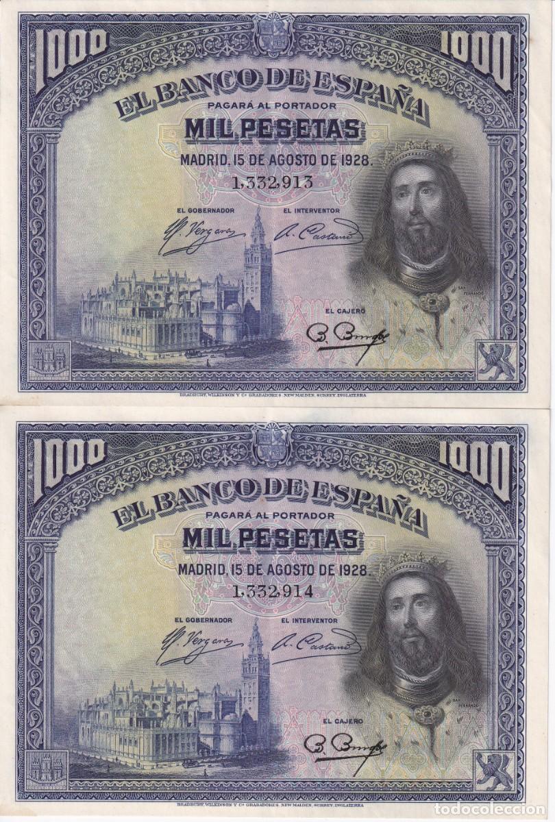 Notas espanholas: PAREJA CORRELATIVA DE 1000 PESETAS DEL A&Ntilde;O 1928 EN CALIDAD EBC (SAN FERNANDO)