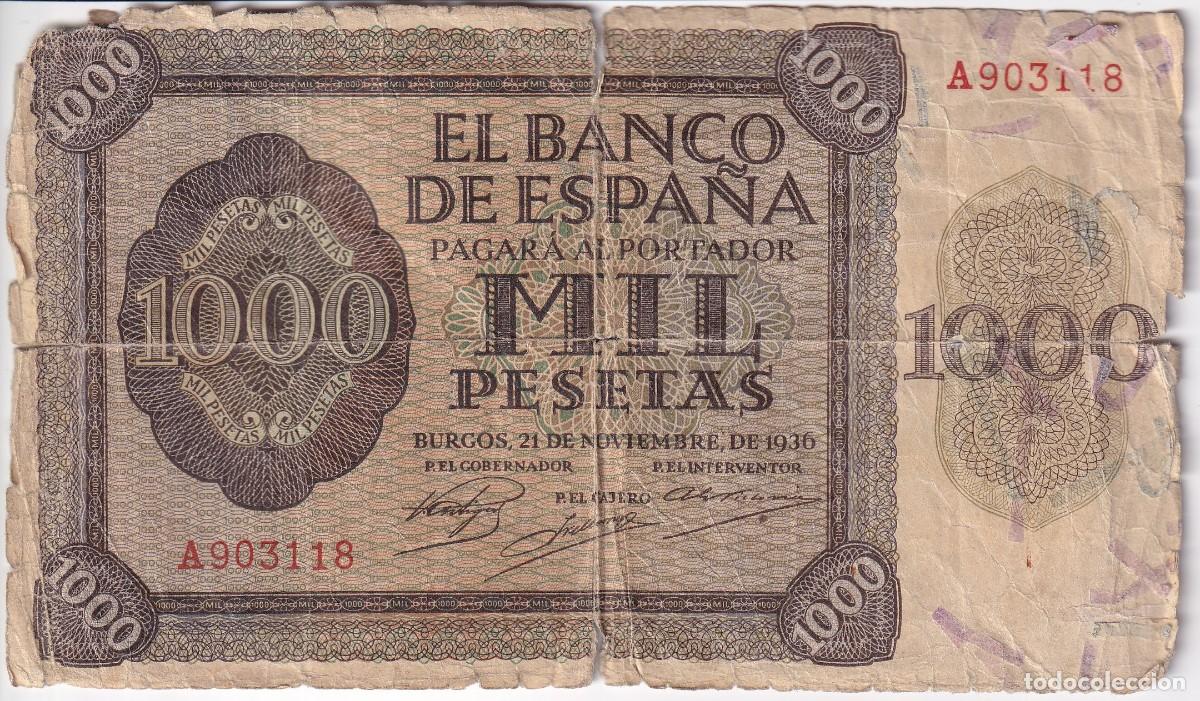 Notas espanholas: BILLETE DE BURGOS DE 1000 PESETAS DEL A&Ntilde;O 1936 DE LA SERIE A (DIFICIL)