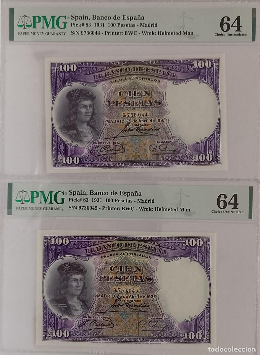 Billetes espa&ntilde;oles: PAREJA DE BILLETES DE 100 PESETAS 1931 GRAN CAPITAN GRADUADO PMG CON 64