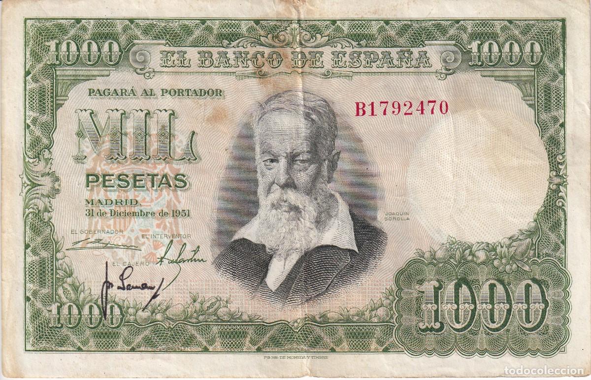 Notas espanholas: BILLETE DE 1000 PESETAS DEL A&Ntilde;O 1951 DEL PINTOR JOAQUIN SOROLLA SERIE B